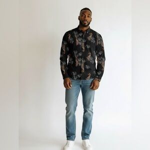 Zara Black Casual Shirt with Brown and White Patterns